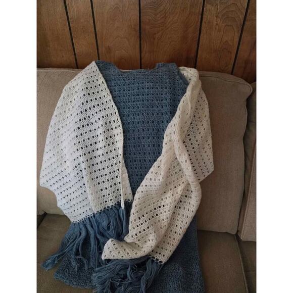 Handmade Blue Crochet Dress & Ivory Scarf Set Fringe Boho Beach Outfit - Picture 4 of 12